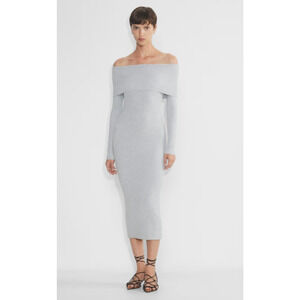 Aritzia Wilfred Clarion Gray Ribbed Bodycon Off Shoulder Dress‎ Large Minimalist